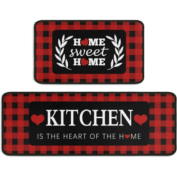 Red and Black Buffalo Plaid Kitchen Decor Rugs Set 2 Piece, Farmhouse Style Home Indoor Kitchen Rugs and Mats Non Skid Washable 17x47+17x30 Inches