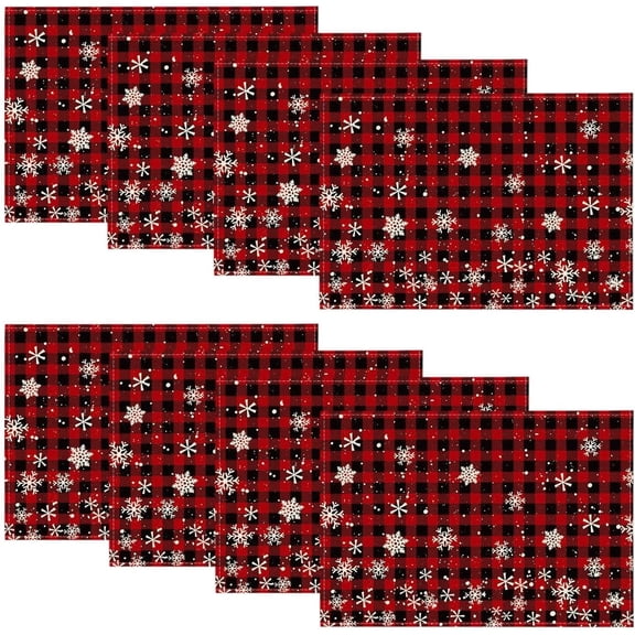 Red and Black Buffalo Plaid Snowflakes Christmas Placemats Set of 8, 12x18 Inch Winter Table Mats for Party Kitchen Dining Decoration