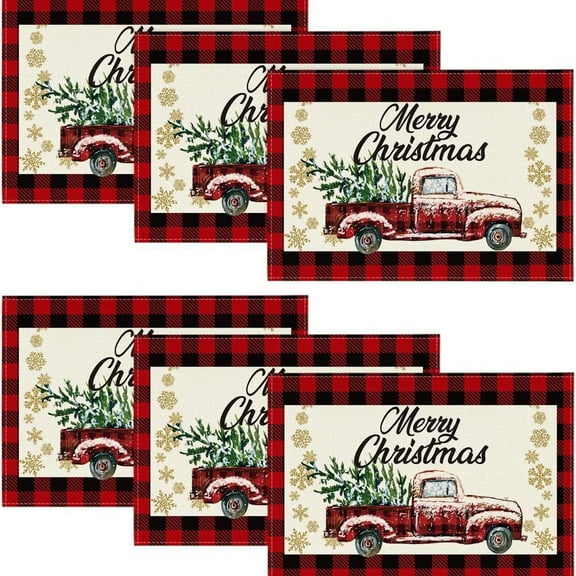 Red and Black Buffalo Plaid Truck Merry Christmas Placemats Set of 4, 12x18 Inch Winter Table Mats for Party Kitchen Dining Decoration
