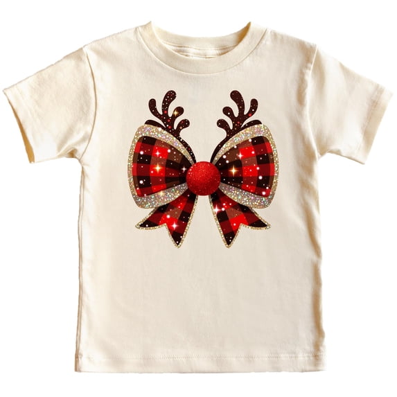 Red and Black Check Christmas Bow Shirt for Women Teens and Kids Reindeer Antlers Tee Natural Shirt 18 Months