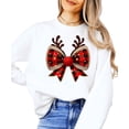thumbnail image 1 of Red and Black Check Christmas Bow Shirt for Women Teens and Kids Reindeer Antlers Tee White Sweatshirt Adult Large, 1 of 4