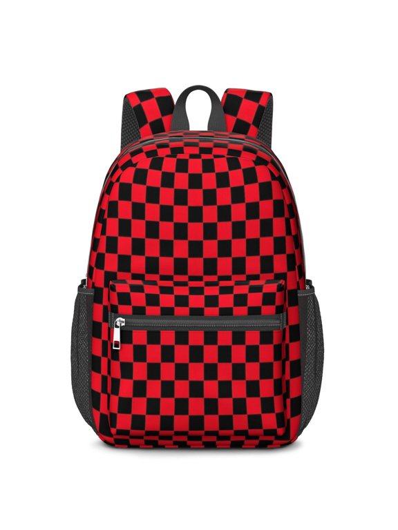 Red and Black Checkered Pattern 17" School Backpacks for Teens,Waterproof Oxford Fabric,S-Shape Padded Straps for School,Travel,Hiking,Camping