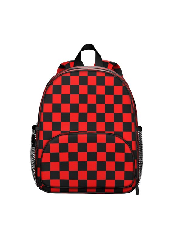 Red and Black Checkered Pattern Backpack for School, Cute School Bag with Adjustable Shoulder Straps and Padded Back, 13.8"x11.4"x6"
