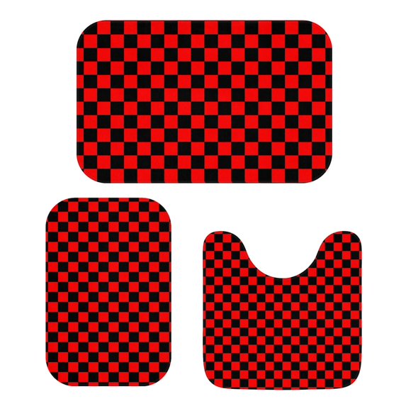 Red and Black Checkered Pattern Bathroom Rug Set 3 Piece,Non-Slip Bath Mat Set with U-Shaped Contour and Runner Soft Absorbent Washable