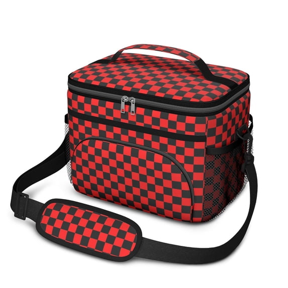 Red and Black Checkered Pattern Insulated Lunch Box for Women Men, Medium Leakproof Cooler Bag with Adjustable Strap, 10"x6.7"x8"