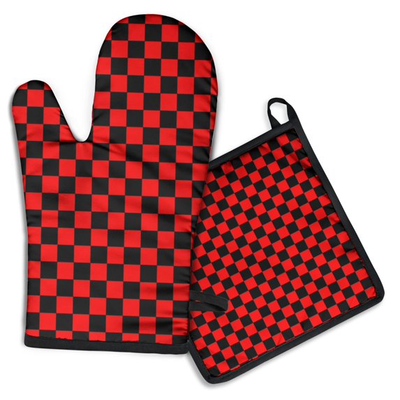 Red and Black Checkered Pattern Kitchen Oven Mitt and Pot Holder Sets 2 Pcs for Baking, Cooking and Grilling, Heat Resistant Up To 392 °F