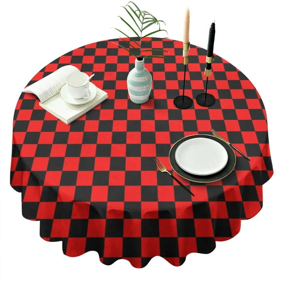 Red and Black Checkered Pattern Round Tablecloth 60"x60",Wrinkle Wipeable Table Cloth for Kitchen Dining Room Picnic Patio Party