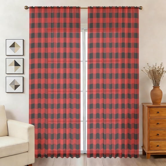 Reg Pock Red and Black Checkered Pattern Sheer Curtains, Sheer Window Panels ...