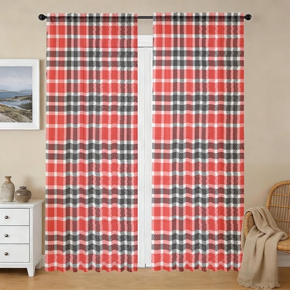 Reg Pock Red and Black Checkered Pattern Sheer Curtains, Voile Drapes with Dual ...
