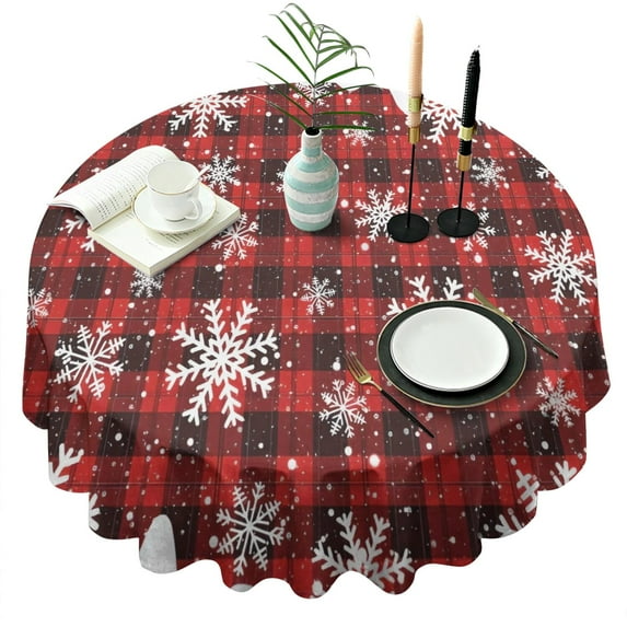 Red and Black Christmas Snowflake Pattern Round Tablecloth 60"x60",Wrinkle Wipeable Table Cloth for Kitchen Dining Room Picnic Patio Party