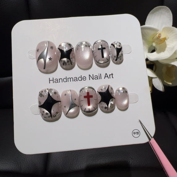 [Red and Black Cross] Naked pink pearlescent cat's eye silver foil ...