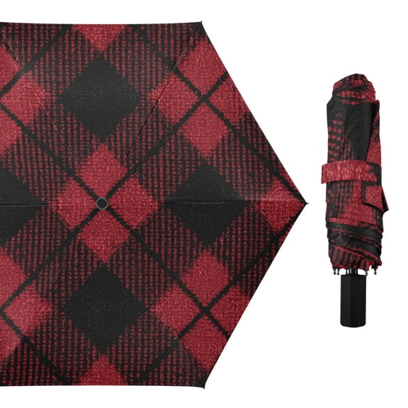 Red and Black Diagonal Tartan Plaids All Weather Umbrella Triple Folding Parasol 6 Ribs UV Protection Portable