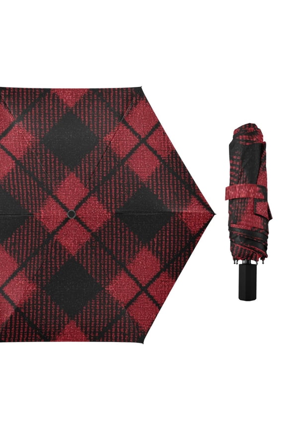 Red and Black Diagonal Tartan Plaids All Weather Umbrella Triple Folding Parasol 6 Ribs UV Protection Portable