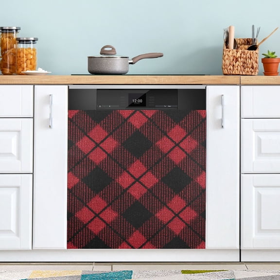 Red and Black Diagonal Tartan Plaids Dishwasher Magnet Refrigerator Magnetic Cover Washing Machine Magnet Sticker Kitchen Decor