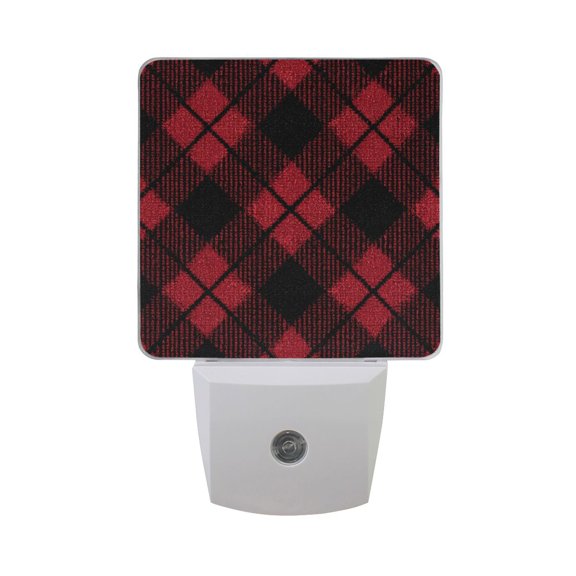 Red and Black Diagonal Tartan Plaids LED Night Light Sensor Lamp Plug-in Adjustable Brightness 2 Pack