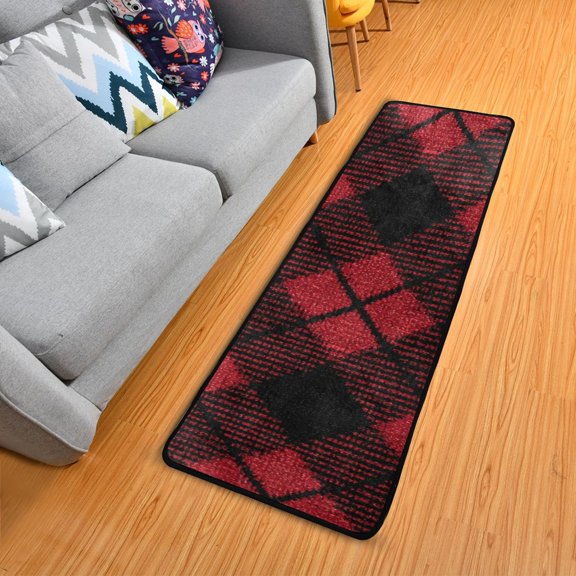 Red and Black Diagonal Tartan Plaids Long Floor Mat Runner Rug Area Mat Noise Reduction Water Absorbent Non-Slip 72" x 24"