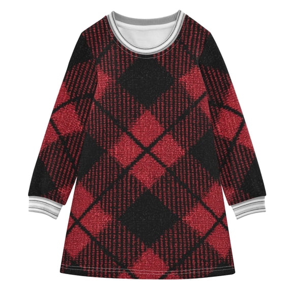 Red and Black Diagonal Tartan Plaids Long-sleeved Dress A-line One-Piece Dress for 2-8 Years Casual Party 7-8Y