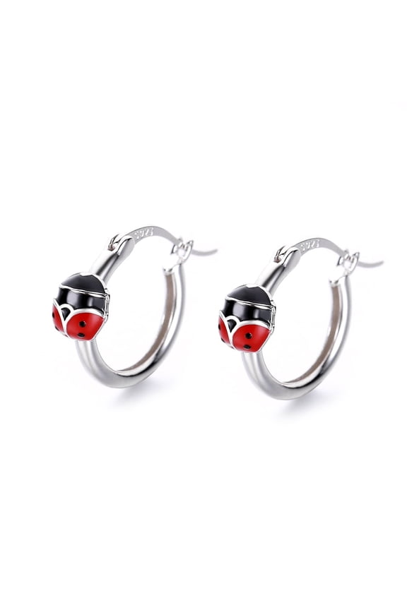 Red and Black Enam & Solid Sterling Silver Ladybug Petite Huggie Earrings