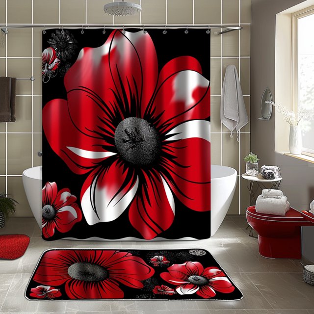 Red and Black Floral Bathroom Set Shower Curtain Swimmer Pad Stylish Design for Modern Bathrooms