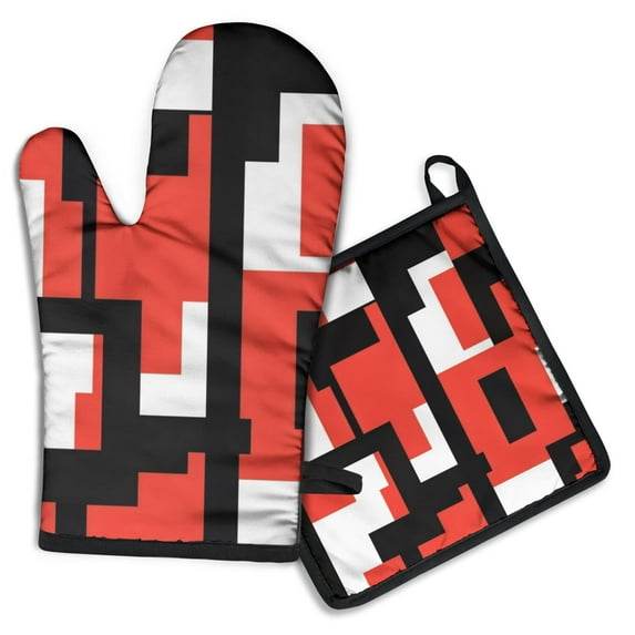 Red and Black Modern Art Geometric Kitchen Oven Mitt and Pot Holder Sets 2 Pcs for Baking, Cooking and Grilling, Heat Resistant Up To 392 °F