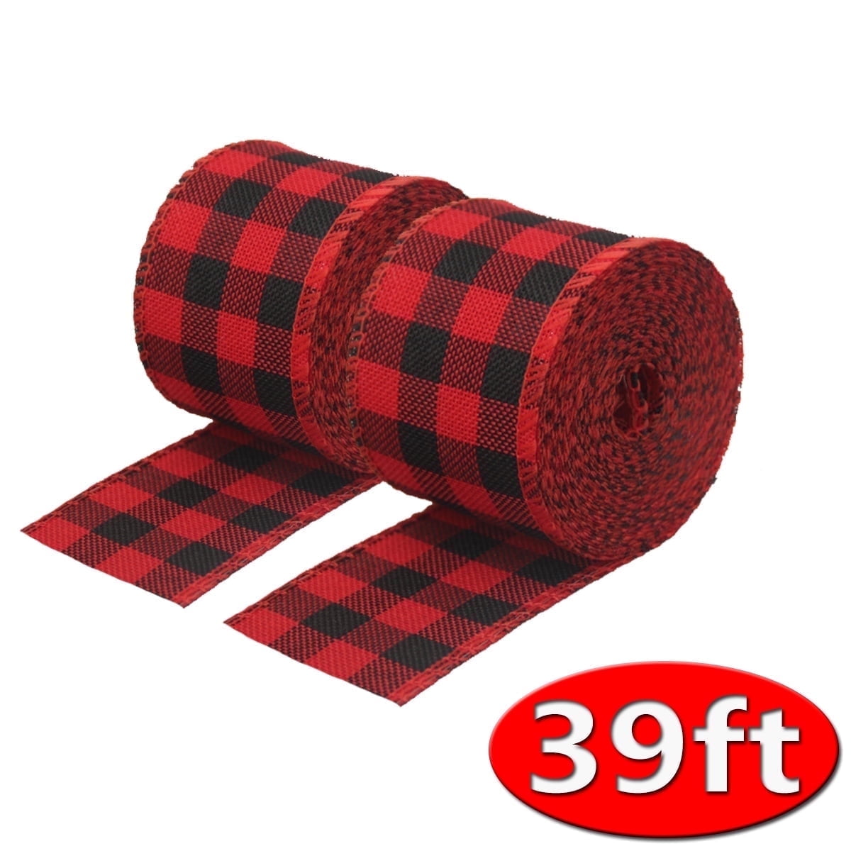 Red and Black Plaid Burlap Ribbon Wired Ribbon Christmas Wrapping Ribbon for Christmas Crafts Decor, 2 Rolls
