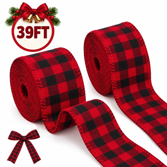 Christmas Ribbons Wired Ribbon Red and Black Plaid Burlap Ribbon Christmas Wrapping Ribbon for Christmas Gift Crafts Decor, 2 Rolls