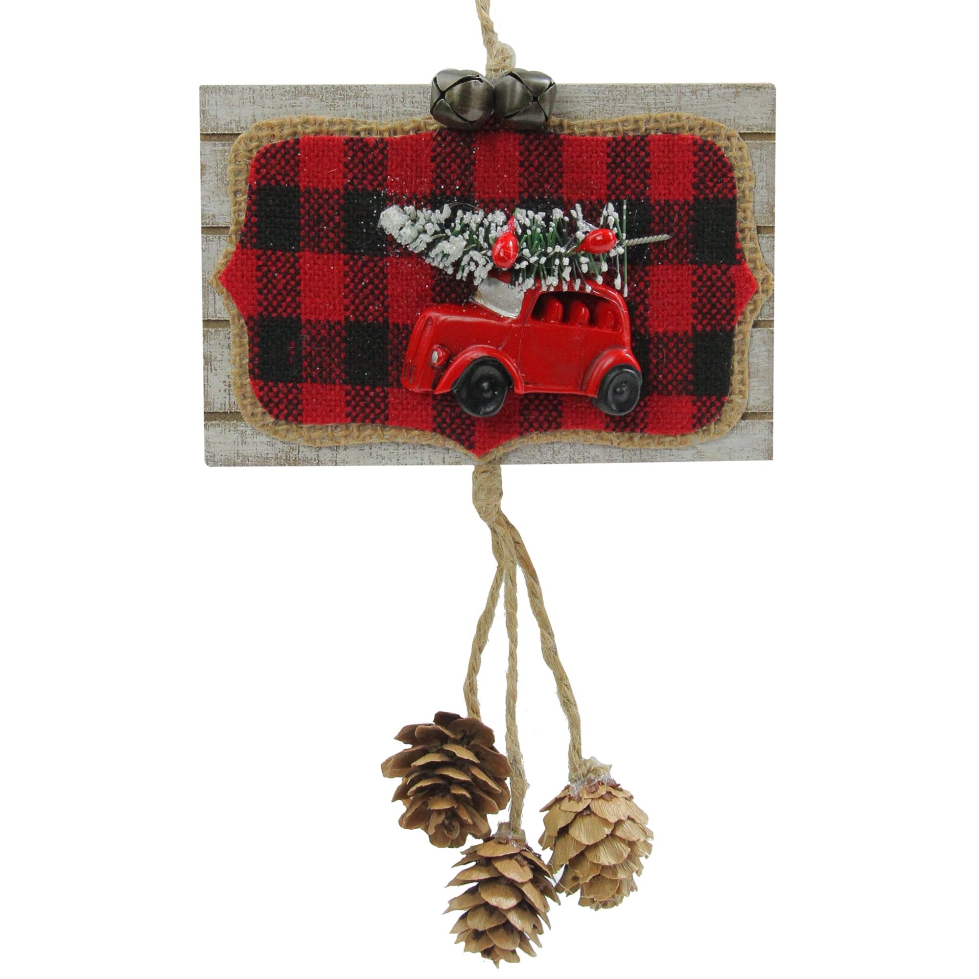 Red and Black Plaid Wooden Door Sign with Red Car and Pine Cones Christmas Ornament 4.75"