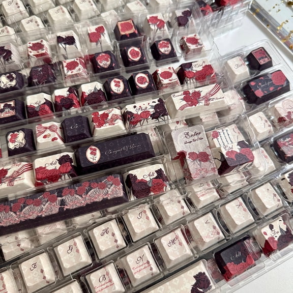 Red and Black Rose Theme Keycap Set, New Cherry Profile SOA Profile 5-Side Dye-Sublimation Keycaps for Mechanical Keyboard