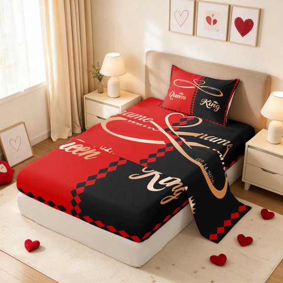 Red and Black Royal Crown Card Suit Pattern Twin Sheet Set, 3 Pieces (1 Flat Sheet, 1 Fitted Sheet and 1 Pillowcase)