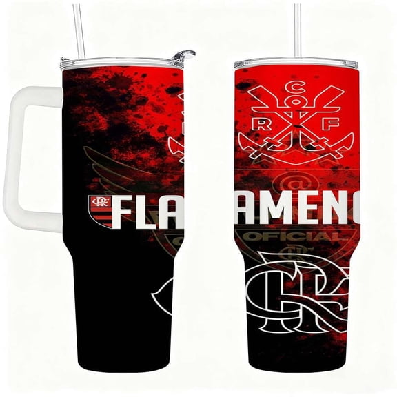 Red and Black Soccer Fan Stainless Steel Tumbler with Handle, Lid & Straw, Insulated Travel Water Cup