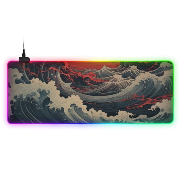 Red and Black Waves RGB Gaming Mouse Pad Large Keyboard Mat Rubber Base 13 Light Modes
