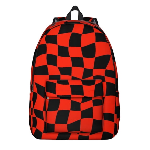 Red and Black Wavy Checkered Pattern Backpack for School, Cute School Bag with Adjustable Shoulder Straps and Padded Back, 15.7"x11.8"x5.5"
