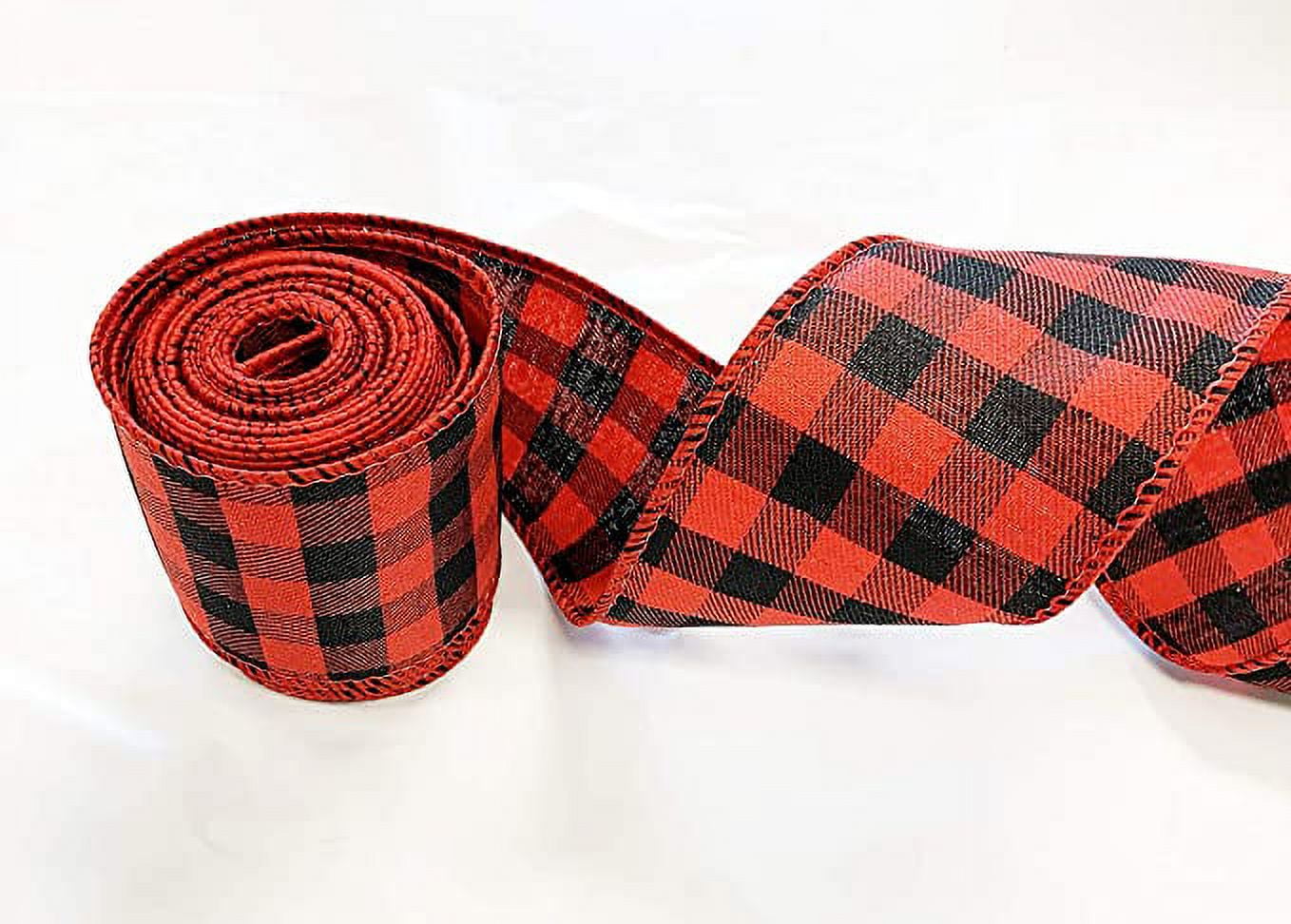 Red and Black Wired Edge Ribbon | 2.5 X 5 Yards | Wide Buffalo Plaid Design | Gingham Ribbon for Christmas Decoration 15' x 2 1/2 inch Wide
