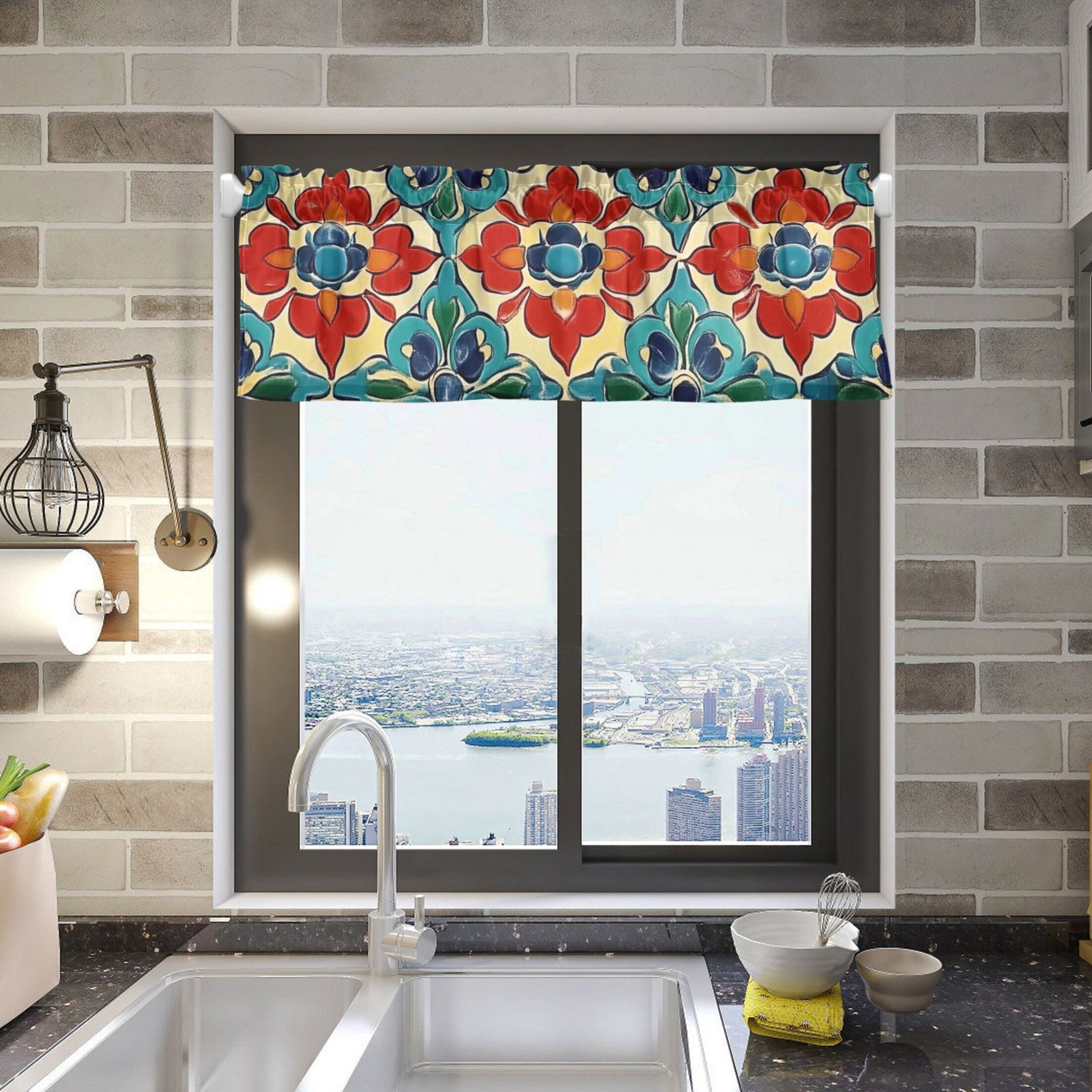 Red and Blue Art Print Curtain Valances for Windows Kitchen Living Room ...