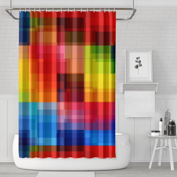 Red and Blue Checkered Pattern Modern Waterproof Shower Curtain Set with 12 Hooks, Washable Decorative Bathroom Shower Curtain