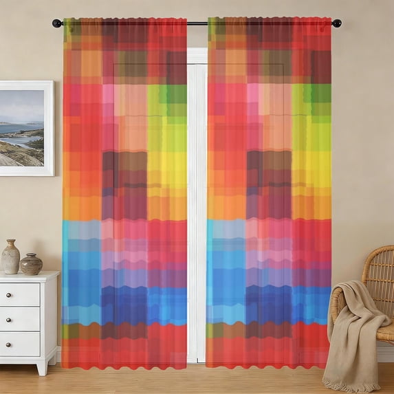 Red and Blue Checkered Pattern Sheer Curtains, Voile Drapes with Dual ...