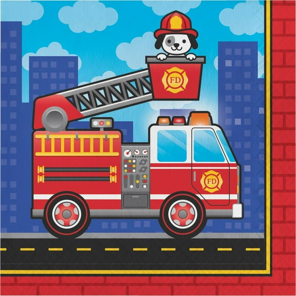 Red and Blue Flaming Fire Truck Disposable Luncheon Napkins 6.5"
