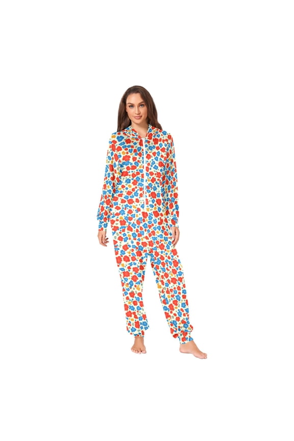 Red and Blue Floral Pattern Adult onesie Pajamas, Crystal Velvet Ultra Soft Warm Jumpsuit for Men and Women