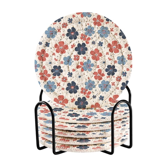 Red and Blue Flower Drink Coasters with Holder Absorbent Coaster for Coffee Table Room Decor 6 Pack