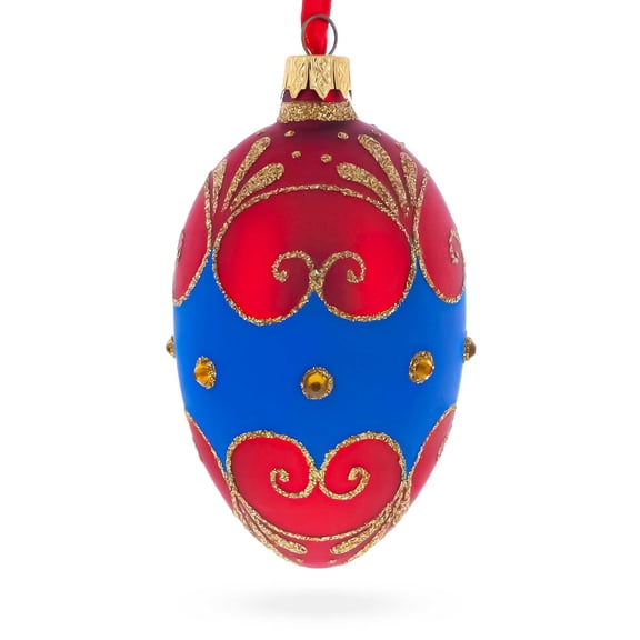 Red and Blue Jeweled Egg Glass Ornament 4 Inches