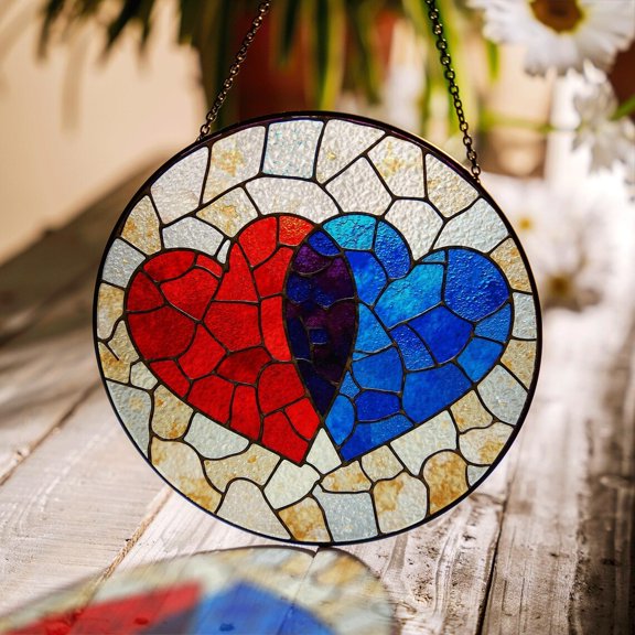 Red and Blue Overlapping Hearts Glass Suncatcher, Romantic Decor, 3.5 in