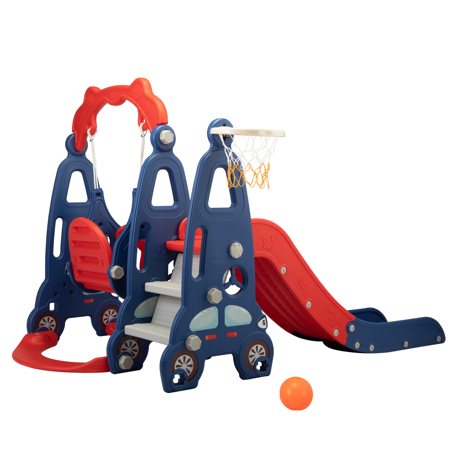 Red and Blue PNGCAN 3 In 1 Slide and Swing Set with Basketball Hoop for