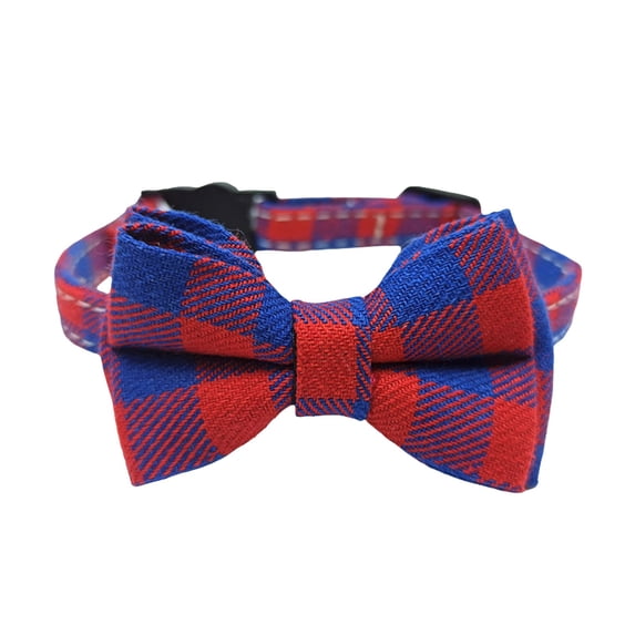 Red and Blue Plaid Cat Collar with Bowtie and Bell Safety Breakaway Adjustable Pet Kitten Collar for Small Dogs Cats Rabbits Cotton Strap