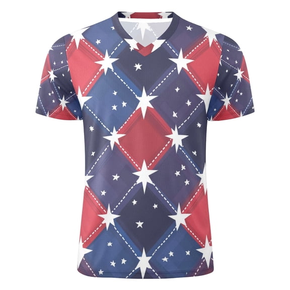 Red and Blue Plaids Stars Men's Sports Jerseys Athletic T-Shirt Football Referee Short Sleeves Shirt S