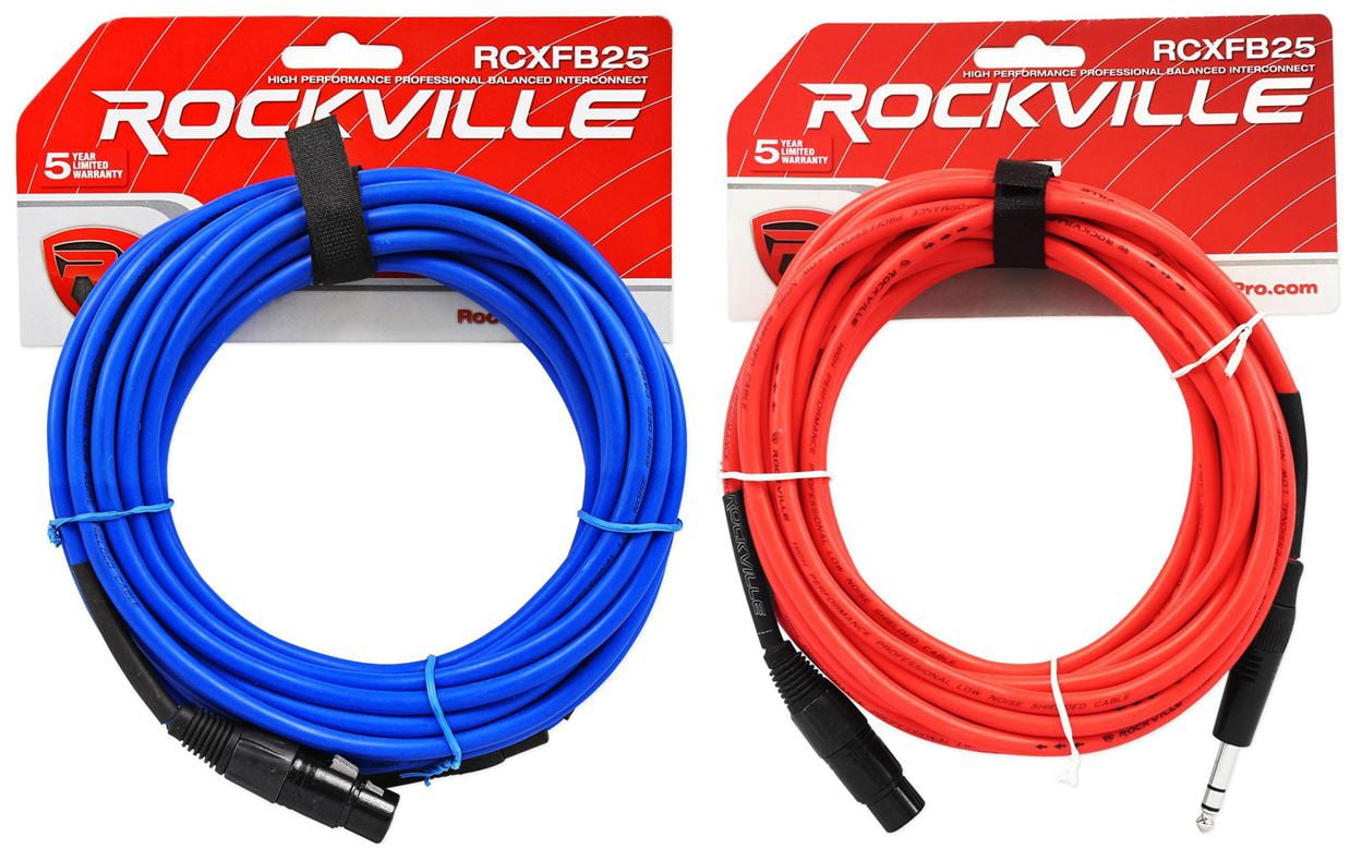 Red and Blue Rockville 25' Female Rean XLR to 1/4'' TRS Balanced Cables OFC