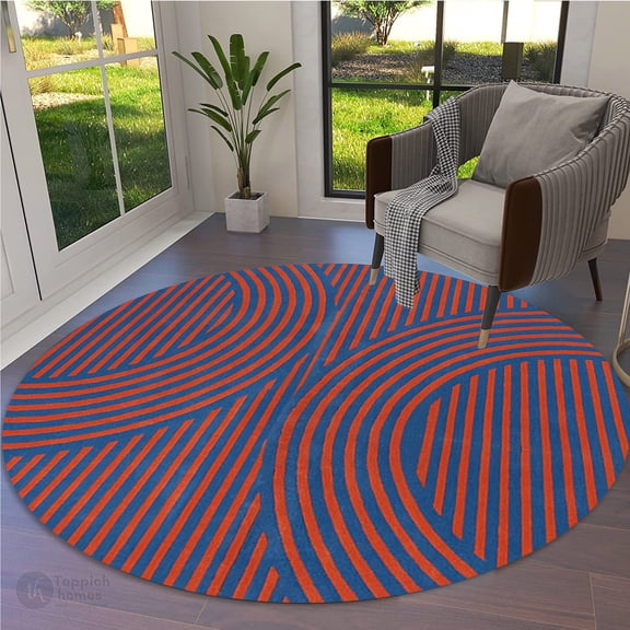 Red and Blue Rug 5X5, Geometric Carpet, Wool Area Rugs, Hallway Living room, Round Carpet