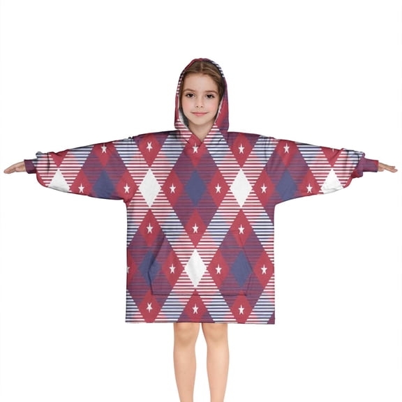 Red and Blue Star Argyle Pattern Blanket Hoodies for Kids 6-13YR Oversize Wearable Blanket Hoodies for Boys Girls Teens