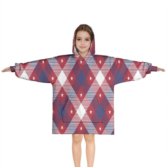 Red and Blue Star Argyle Pattern Blanket Hoodies for Kids 6-13YR Oversize Wearable Blanket Hoodies for Boys Girls Teens