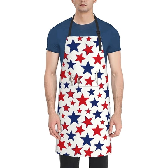 Red and Blue Star Print Patriotic Apron, Adjustable Neck Bib Apron with American Stars Design for Independence Day, Cooking & BBQ
