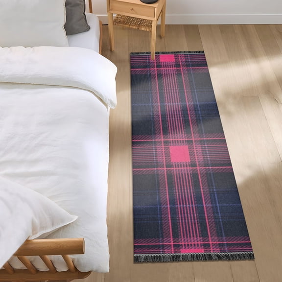 Red and Blue Tartan Plaid Bedside Runner Rug 2'x 6' Non Slip Carpet Floor Mat Area Rug